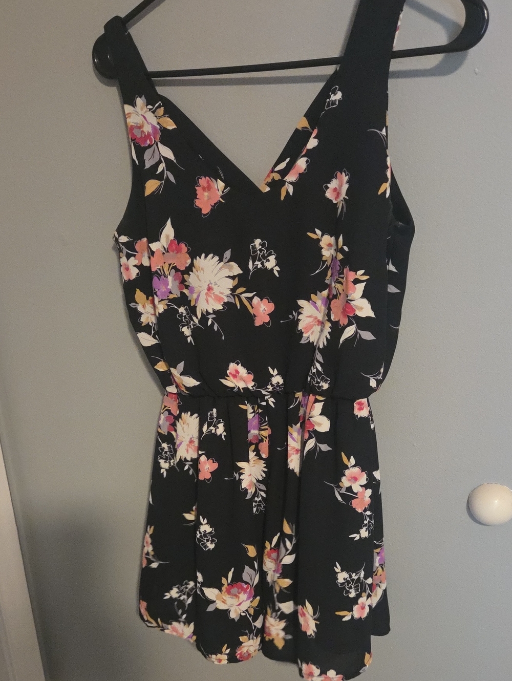 Lush Black Floral V-Neck Mini Shorts Jumper with Pink and Cream Blooms